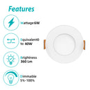 An infographic showcases the features of the Shine LED 3BRIX 3 Inch 6W Slim Round Ultra Thin Recessed Downlight. It highlights its equivalent power usage of 40W, a brightness output of 360 lumens, and adjustable dimming capabilities from 5% to 100%. The central image features a round, white recessed light fixture with orange mounting clips on either side. Icons accompany each described feature of this energy-efficient lighting option.