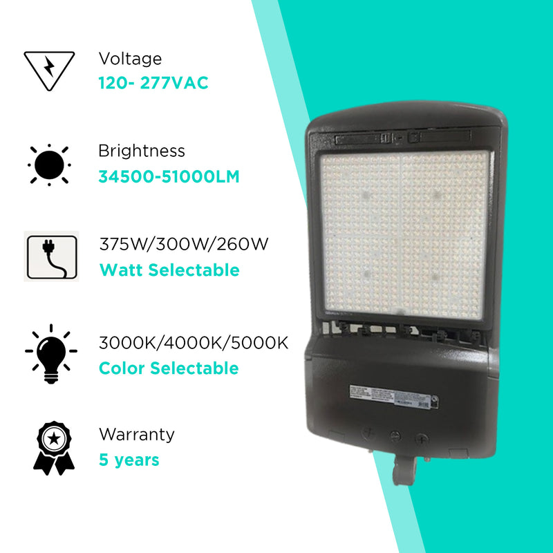 375W AL8 Series LED Area/Flood Light - Watt Options (375W/300W/260W) & Color Selectable (30K/40K/50K)- 52500lms - 10KV Surge Protector -UL Listed-DLC IP65