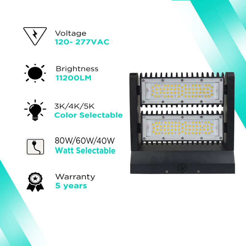 Rotatable LED Wall Pack - 11200 Lumens Max - Watt and Color Selectable (80W/60W/40W - 30K/40K/50K) DLC, UL Listed