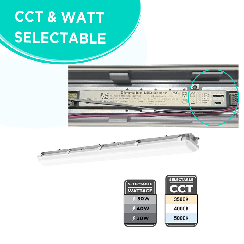 4ft Vapor Light - Watts (50/40/30W) & Color 3CCT(35/40/50K) Selectable - 7000 Lumens Max