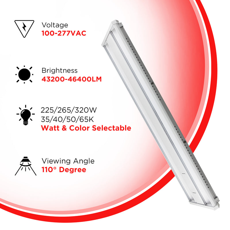 320W 4FT LED Linear High Bay 46400LMS Color & Watt Selectable (35/40/50/65K) - DLC- UL Listed