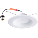 A 6" 15W Shine LED Retrofit Recessed Downlight with selectable color temperatures (2700K-5000K), producing 1100 lumens and equivalent to a 120W light, the round white fixture is dimmable and includes clipped-on mounting brackets as well as an attached wiring connector. This energy-efficient model features a ridged inner surface and comes with an adapter featuring a screw base for effortless installation.
