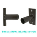 Two high-quality metal side tenons designed for attachment to round and square poles. Both tenons feature a cylindrical extension and a rectangular mounting base with two securing holes. Positioned at an angle facing each other, with the caption "Shine LED Side Tenon Wall Mount for Round Poles - Bronze" below.