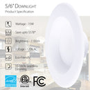Image of the Shine LED 6" 15W Retrofit Recessed Downlight with product specifications listed. Specifications include: 15W wattage, savings up to $578, 1100 lumens brightness, 120V AC voltage, eco-friendly design, and seamless dimming from 10-100%. Certification logos for Energy Star, cETL, Intertek, and FCC are shown. Background depicts
