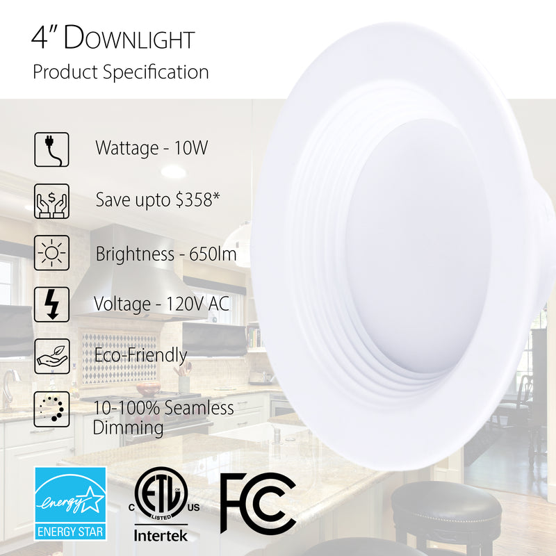 4" 10W LED Recessed Retrofit Downlight - 650 lumens - 75W Equivalent